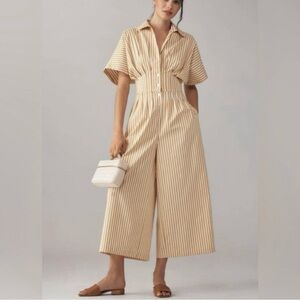 Anthropologie EXQUISE Tobie Pleated Jumpsuit - Camel Beige XS Petite Striped